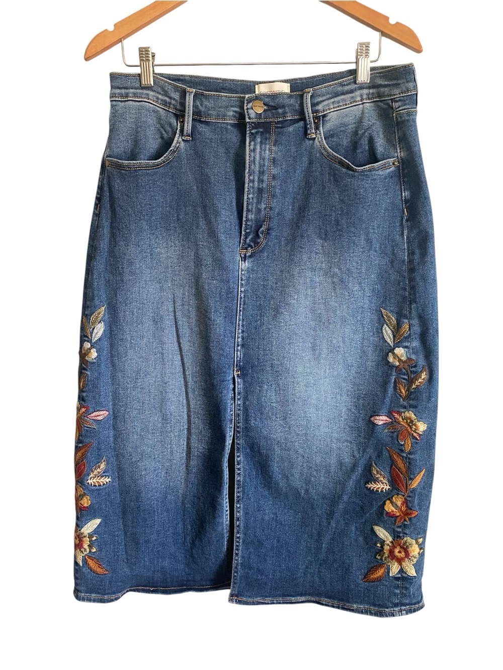 Driftwood Floral Embroidered Denim Skirt Size 12 Western Cowgirl Coastal Cottage - Picture 3 of 9